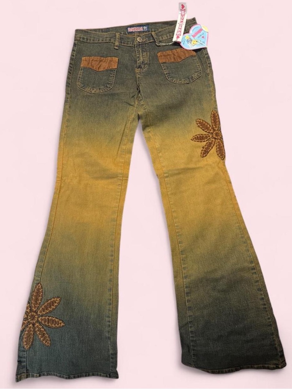 Y2K Bubblegum Vintage-Inspired Green to Yellow Ombre Flare Jeans with Flowers